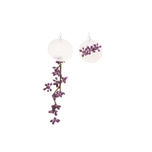 Asymmetric purple floral earrings with elegant long tassel and berry vine design on white background