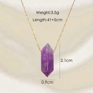 Detail view of purple amethyst hexagon pendant necklace with precise dimensions and size