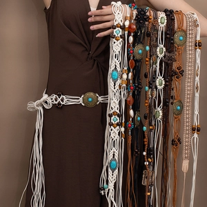 Ceinture Tressée Bohême Avec Perles En Bois Alliage Turquoise Glands Corde Style Ethnique Pour Femmes Robes Jupes Accessoires