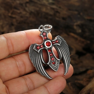 Men's titanium steel cross pendant with angel wings and inlaid red crystals