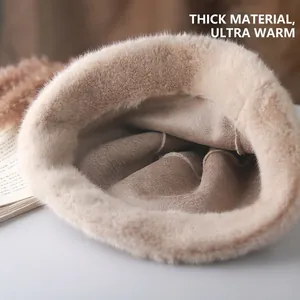Thick winter faux fur bucket hat in beige with warm knit lining and soft texture