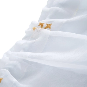 White kitchen cafe curtain with gold embroidery detail on sheer chiffon fabric