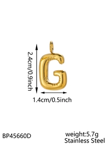 Macro shot of 14K gold plated bubble letter G pendant showing dimensions and size details