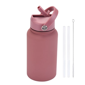 Close-up of matte dark pink 650ml sports water bottle with straw and cleaning brush kit