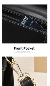 Close-up of black leather bag front pocket and premium gold metal buckle hardware