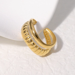 Minimalist double-row 18K gold plated stainless steel ring with textured texture