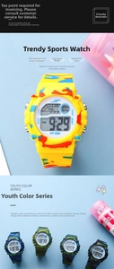 Digital sport watch detail showing shock-resistance, LED backlight and stopwatch functions