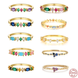 925 Sterling Silver Ring Gold Plated Colorful Zirconia Multi Gemstone Sweet Elegant Jewelry For Women