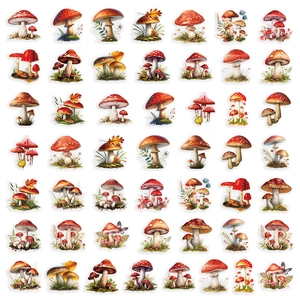 Detailed grid layout of 49 vintage watercolor mushroom stickers with diverse fungi designs