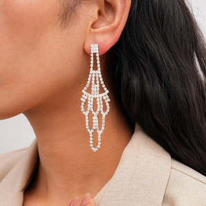 Hollow Fan Shaped Rhinestone Chandelier Dangle Earrings With Silver Earring Post For Women Banquet Wedding Luxury Style