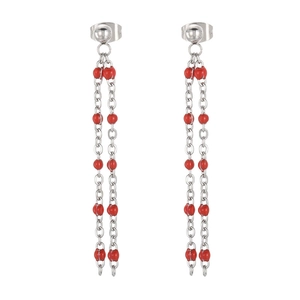 Minimalist silver chain tassel earrings with vibrant red bead accents for women