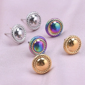 Detail view of round 304 stainless steel stud earrings in gold, silver, and rainbow tones