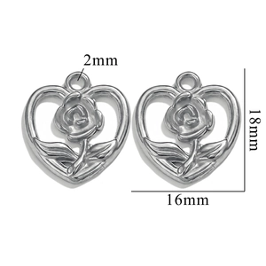 Detailed dimensions of silver heart rose pendant 18x16mm with 2mm hole size