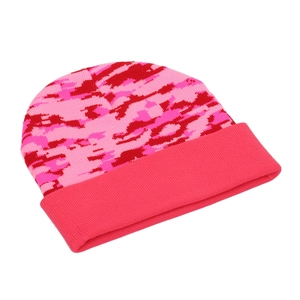 Close-up of pink camouflage knitted beanie showing soft ribbed cuff and warm texture