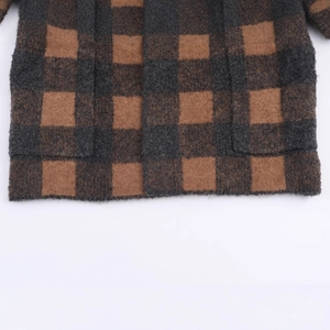 Brown and black buffalo check plaid knit coat with large front pockets and thick fabric