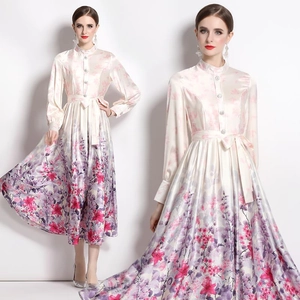 Elegant Floral Print Satin Maxi Dress Retro Stand Collar Long Lantern Sleeve Tie Waist Button Down Women Clothing