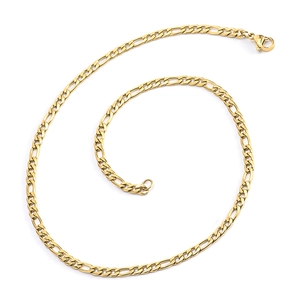 Detail of 18K gold stainless steel Figaro chain necklace with secure lobster clasp