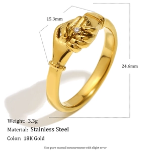 Bague poing en acier inoxydable plaqué or 18K avec zircon, design large de 15,3 mm
