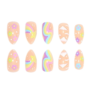 Rainbow and cloud press-on nails set with long almond shape and macaron colors