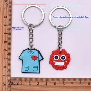 Detail view of cartoon nurse and virus keychains with precise size measurements in cm