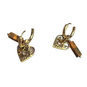 Golden Evil Eye hoop earrings with heart-shaped pendants and tiger eye stone accents