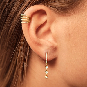 S925 sterling silver gold ear cuff and dangling earrings with blue gemstones
