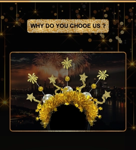 Detail of 2025 New Year headband with gold stars, disco balls and tinsel firework motifs