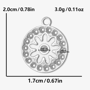 Detail view of 304 stainless steel floral pendant with precise size and weight dimensions