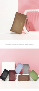 Close-up of minimalist slim wallet showing fine PU leather texture and wrist strap