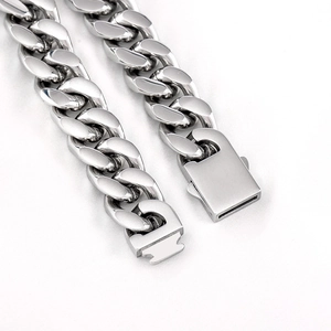 Polished silver 13mm stainless steel Cuban link bracelet with a square clasp for men