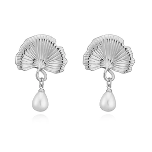 Silver ginkgo leaf earrings with elegant white pearl drops on white background