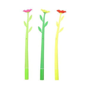 Drei kreative Gelschreiber in Blumenform in Rosa, Gelb und Rot mit Blattstielen