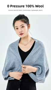 Detailed close-up of 100% wool knitted texture on a soft grey-blue winter shawl wrap