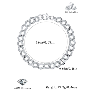 Macro detail of S925 sterling silver Cuban chain link bracelet with inlaid zircon stones