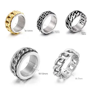 Detail of diverse stainless steel spinning rings with chain patterns in various widths