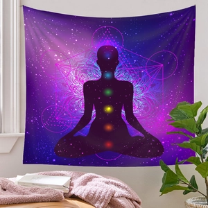 Detail of meditation tapestry featuring chakra colors and sacred geometry pattern