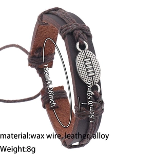 Braided leather football bracelet dimensions showing 18cm length and alloy pendant size