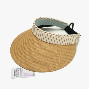 Women's striped straw open top sun hat with UV protection test card on white background