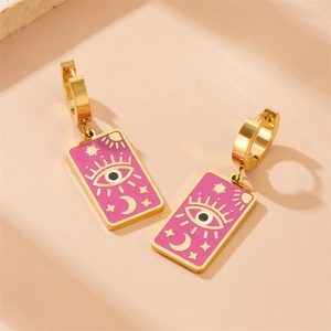 Golden eye of providence earrings with pink enamel rectangular pendant and celestial symbols