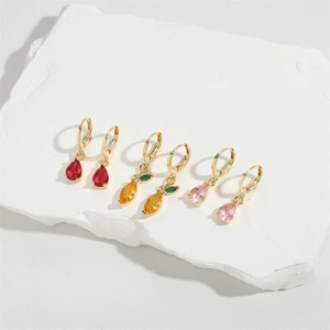Chic gold-plated drop earrings featuring vibrant red, yellow, and pink crystal charms