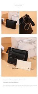 Slim black zipper coin pouch with front snap pocket and keychain, 12cm x 9cm compact size