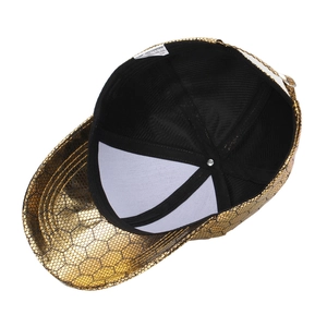 Metallic gold baseball cap with black hexagonal mesh pattern and durable polyester lining
