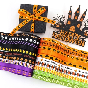10mm Halloween ribbon set with pumpkin and ghost patterns for party gift decoration