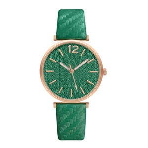 Elegant women's quartz watch with green leaf pattern dial and rose gold metal case