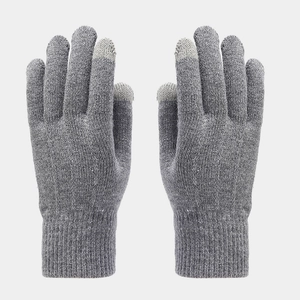 Detail of grey knitted gloves with contrast light grey touch-screen compatible fingertips