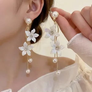 Flower Tassel Earrings With 925 Sterling Silver Earring Post Alloy Rhinestone Imitation Artificial Pearl Long Elegant For Women