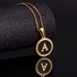 18K gold plated stainless steel necklace with round black pendant featuring letter A