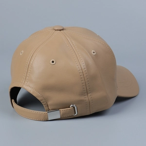 Light brown PU leather baseball cap featuring a curved brim and adjustable metal buckle back