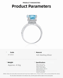 Detail showing 925 sterling silver ring with 4ct Asscher cut blue zircon and pavé setting