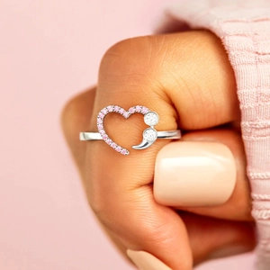 S925 silver open ring featuring a pink heart and semicolon design with crystals